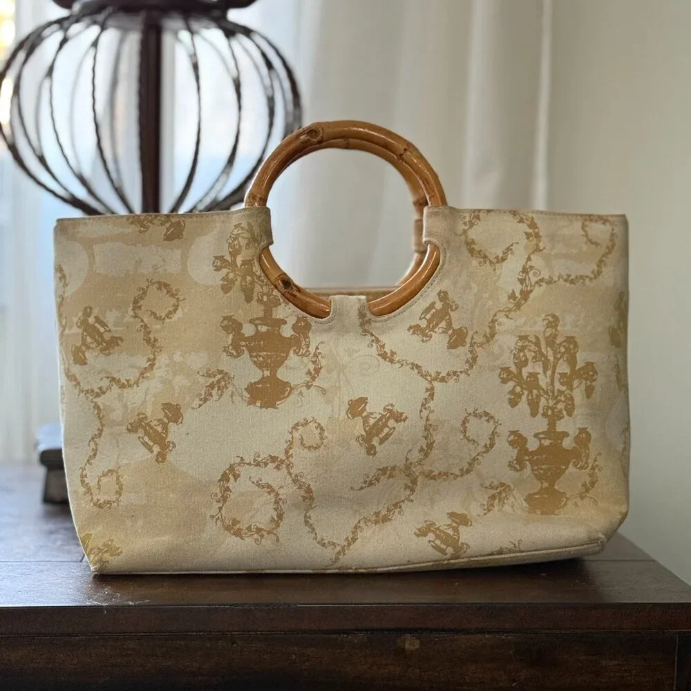Enzo Angiolini Beige Tote Bag with Bamboo Handles